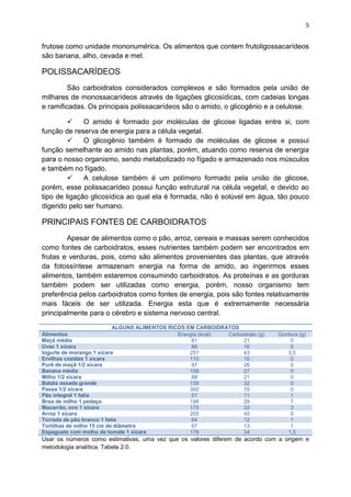 5
frutose como unidade mononumérica. Os alimentos que contem frutoligossacarídeos
são banana, alho, cevada e mel.
POLISSACARÍDEOS
São carboidratos considerados complexos e são formados pela união de
milhares de monossacarídeos através de ligações glicosídicas, com cadeias longas
e ramificadas. Os principais polissacarídeos são o amido, o glicogênio e a celulose.
 O amido é formado por moléculas de glicose ligadas entre si, com
função de reserva de energia para a célula vegetal.
 O glicogênio também é formado de moléculas de glicose e possui
função semelhante ao amido nas plantas, porém, atuando como reserva de energia
para o nosso organismo, sendo metabolizado no fígado e armazenado nos músculos
e também no fígado.
 A celulose também é um polímero formado pela união de glicose,
porém, esse polissacarídeo possui função estrutural na célula vegetal, e devido ao
tipo de ligação glicosídica ao qual ela é formada, não é solúvel em água, tão pouco
digerido pelo ser humano.
PRINCIPAIS FONTES DE CARBOIDRATOS
Apesar de alimentos como o pão, arroz, cereais e massas serem conhecidos
como fontes de carboidratos, esses nutrientes também podem ser encontrados em
frutas e verduras, pois, como são alimentos provenientes das plantas, que através
da fotossíntese armazenam energia na forma de amido, ao ingerirmos esses
alimentos, também estaremos consumindo carboidratos. As proteínas e as gorduras
também podem ser utilizadas como energia, porém, nosso organismo tem
preferência pelos carboidratos como fontes de energia, pois são fontes relativamente
mais fáceis de ser utilizada. Energia esta que é extremamente necessária
principalmente para o cérebro e sistema nervoso central.
ALGUNS ALIMENTOS RICOS EM CARBOIDRATOS
Alimentos Energia (kcal) Carboidrato (g) Gordura (g)
Maçã média 81 21 0
Uvas 1 xícara 88 16 0
Iogurte de morango 1 xícara 257 43 3,5
Ervilhas cozidas 1 xícara 110 10 0
Purê de maçã 1/2 xícara 97 26 0
Banana média 108 27 0
Milho 1/2 xícara 88 21 0
Batata assada grande 139 32 0
Passa 1/2 xícara 300 79 0
Pão integral 1 fatia 51 11 1
Broa de milho 1 pedaço 198 29 7
Macarrão, ovo 1 xícara 175 33 3
Arroz 1 xícara 205 45 0
Torrada de pão branco 1 fatia 64 12 1
Tortilhas de milho 15 cm de diâmetro 67 13 1
Espaguete com molho de tomate 1 xícara 179 34 1,5
Usar os números como estimativas, uma vez que os valores diferem de acordo com a origem e
metodologia analítica. Tabela 2.0.
 