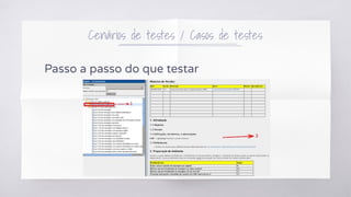 Cenários de testes / Casos de testes
Passo a passo do que testar
 