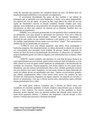 modo tão marcante que possuem um verdadeiro buraco na nuca. Tal defeito deve ser
penalizado proporcionalmente à sua extensão em julgamentos.
       O crescimento desordenado das penas da face também é um defeito de
plumagem que se apresenta com certa freqüência, e muitas vezes passa despercebido,
em especial em aves de topete. As penas da face, logo abaixo dos olhos da ave (na
região da “bochecha”) nascem na direção contrária, ficando voltadas para cima,
algumas vezes lembrando as suíças presentes nos frisados, podendo até mesmo encobrir
parcialmente os olhos dos canários, de maneira uni ou bilateral. Também deve ser
penalizada em julgamentos.
       -FORMA: aves com peito pronunciado ou com aparência fina e comprida devem
ser penalizadas com rigor quando se apresentam em concursos. Aves com a linha do
dorso côncava, normalmente denominados “selados” são bastante abundantes. A
presença de asas caídas (ou que tenham tendência a cair quando a ave se movimenta)
são também especialmente comuns nestas aves com dorso “selado”. Tais características
também devem ser penalizadas em concursos.
       - CABEÇA: aves com cabeças pequenas, topo plano, faces pontiagudas e
bochechas pequenas, bico desproporcional, ou cabeça destacado-se demais do corpo da
ave (ocasionando uma marcação muito evidente do pescoço, dando a impressão do
mesmo ser fino) são motivos de penalização em concursos. A cabeça deve ser redonda e
proporcionalmente grande sob todos os ângulos, com sobrancelhas bem evidentes e bem
definidas.
       - TOPETE: topetes rachados, não aderentes ou com falta de penas (buraco) na
nuca especialmente nas aves intensas, ponto central acima de 2mm de diâmetro ou com
linha central ou invés de ponto central implicam em penalização e desclassificação do
exemplar em concursos. Topetes pequenos, com forma elíptica ou com penas pouco
abundantes, que não cubram suficientemente olhos e bico, também geralmente ocorrem
em aves intensas com maior frequência, ou com ponto central do topete deslocado do
centro da cabeça devem ser penalizados com rigor. Topetes excessivamente grandes,
que cubram completamente olhos e bico (assim como ocorre nos canários da raça
Crested) são relativamente freqüentes em alguns canários, em especial nos nevados, e
devem ser penalizados, visto que o Gloster possui como característica topete cobrindo
apenas parcialmente bico e olhos.

       De modo geral, pode-se considerar que o Gloster no Brasil conta com
exemplares de excelente qualidade, existindo criadores especializados que se dedicam
apenas a estes canários. Em muitos concursos, aves de boa qualidade se fazem
presentes, porém algumas vezes tais pássaros acabam não obtendo maior sucesso por
conta destes pequenos defeitos, e criadores não dispensam a devida atenção à estes
durante a seleção para concursos e formação do plantel.




Autor: César Garcia Capel Wenceslau
Criadouro Nova Geração Canários
 