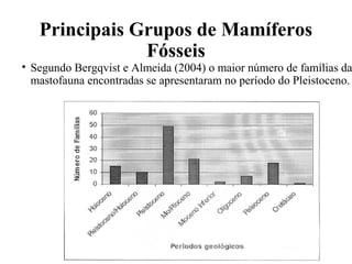 Principais Grupos de Mamíferos 
Fósseis 
• Segundo Bergqvist e Almeida (2004) o maior número de famílias da 
mastofauna encontradas se apresentaram no período do Pleistoceno. 
 