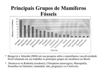 Principais Grupos de Mamíferos 
Fósseis 
• Bergqvist e Almeida (2004) em sua pesquisa sobre a mastofauna e sua diversidade 
fóssil relataram em seu trabalho os principais grupos de incidência no Brasil. 
• Destaca-se os Rodentia (roedores), Chiropteros (morcegos), Marsupialia, 
Xenarthra ou Edentata ( tamanduá, tatu, preguiça) e os Carnívora. 
 