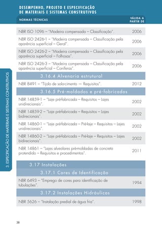 NORMAS TÉCNICAS VÁLIDA A 
PARTIR DE 
DESEMPENHO, PROJETO E ESPECIFICAÇÃO 
DE MATERIAIS E SISTEMAS CONSTRUTIVOS 
NBR ISO 1096 – “Madeira compensada – Classi cação”. 2006 
NBR ISO 2426-1 – “Madeira compensada – Classi cação pela 
aparência super cial – Geral”. 2006 
NBR ISO 2426-2 – “Madeira compensada – Classi cação pela 
aparência super cial – Folhosas”. 2006 
NBR ISO 2426-3 – “Madeira compensada – Classi cação pela 
aparência super cial – Coníferas”. 2006 
38 
3.16.4 Alvenaria estrutural 
NBR 8491 – “Tijolo de solo-cimento — Requisitos”. 2012 
3.16.5 Pré-moldados e pré-fabricados 
NBR 14859-1 – “Laje pré-fabricada – Requisitos – Lajes 
unidirecionais”. 2002 
NBR 14859-2 – “Laje pré-fabricada – Requisitos – Lajes 
bidirecionais”. 2002 
NBR 14860-1 – “Laje pré-fabricada – Pré-laje – Requisitos – Lajes 
unidirecionais”. 2002 
NBR 14860-2 – “Laje pré-fabricada – Pré-laje – Requisitos – Lajes 
bidirecionais”. 2002 
NBR 14861 – “Lajes alveolares pré-moldadas de concreto 
protendido – Requisitos e procedimentos”. 2011 
3.17 Instalações 
3.17.1 Cores de Identificação 
NBR 6493 – “Emprego de cores para identi cação de 
tubulações”. 1994 
3.17.2 Instalações Hidráulicas 
NBR 5626 – “Instalação predial de água fria”. 1998 
3. ESPECIFICAÇÃO DE MATERIAIS E SISTEMAS CONSTRUTIVOS 
 