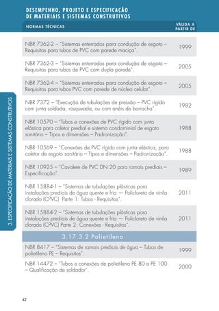 NORMAS TÉCNICAS VÁLIDA A 
PARTIR DE 
DESEMPENHO, PROJETO E ESPECIFICAÇÃO 
DE MATERIAIS E SISTEMAS CONSTRUTIVOS 
NBR 7362-2 – “Sistemas enterrados para condução de esgoto – 
Requisitos para tubos de PVC com parede maciça”. 1999 
NBR 7362-3 – “Sistemas enterrados para condução de esgoto – 
Requisitos para tubos de PVC com dupla parede”. 2005 
NBR 7362-4 – “Sistemas enterrados para condução de esgoto – 
Requisitos para tubos PVC com parede de núcleo celular”. 2005 
NBR 7372 – “Execução de tubulações de pressão – PVC rígido 
com junta soldada, rosqueada, ou com anéis de borracha”. 1982 
NBR 10570 – “Tubos e conexões de PVC rígido com junta 
elástica para coletor predial e sistema condominial de esgoto 
sanitário – Tipos e dimensões – Padronização”. 
42 
1988 
NBR 10569 – “Conexões de PVC rígido com junta elástica, para 
coletor de esgoto sanitário – Tipos e dimensões – Padronização”. 1988 
NBR 10925 – “Cavalete de PVC DN 20 para ramais prediais – 
Especi cação”. 1989 
NBR 15884-1 – “Sistemas de tubulações plásticas para 
instalações prediais de água quente e fria — Policloreto de vinila 
2011 
clorado (CPVC) Parte 1: Tubos - Requisitos“. 
NBR 15884-2 – “Sistemas de tubulações plásticas para 
instalações prediais de água quente e fria — Policloreto de vinila 
clorado (CPVC) Parte 2: Conexões - Requisitos“. 
2011 
3.17.3.2 Polietileno 
NBR 8417 – “Sistemas de ramais prediais de água – Tubos de 
polietileno PE – Requisitos”. 1999 
NBR 14472 – “Tubos e conexões de polietileno PE 80 e PE 100 
– Quali cação de soldador”. 2000 
3. ESPECIFICAÇÃO DE MATERIAIS E SISTEMAS CONSTRUTIVOS 
 
