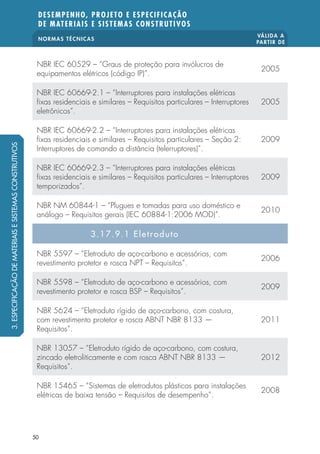 NORMAS TÉCNICAS VÁLIDA A 
PARTIR DE 
DESEMPENHO, PROJETO E ESPECIFICAÇÃO 
DE MATERIAIS E SISTEMAS CONSTRUTIVOS 
NBR IEC 60529 – “Graus de proteção para invólucros de 
equipamentos elétricos (código IP)”. 2005 
NBR IEC 60669-2.1 – “Interruptores para instalações elétricas 
 xas residenciais e similares – Requisitos particulares – Interruptores 
eletrônicos”. 
50 
2005 
NBR IEC 60669-2.2 – “Interruptores para instalações elétricas 
 xas residenciais e similares – Requisitos particulares – Seção 2: 
Interruptores de comando a distância (telerruptores)”. 
2009 
NBR IEC 60669-2.3 – “Interruptores para instalações elétricas 
 xas residenciais e similares – Requisitos particulares – Interruptores 
temporizados”. 
2009 
NBR NM 60844-1 – “Plugues e tomadas para uso doméstico e 
análogo – Requisitos gerais (IEC 60884-1:2006 MOD)”. 2010 
3.17.9.1 Eletroduto 
NBR 5597 – “Eletroduto de aço-carbono e acessórios, com 
revestimento protetor e rosca NPT – Requisitos”. 2006 
NBR 5598 – “Eletroduto de aço-carbono e acessórios, com 
revestimento protetor e rosca BSP – Requisitos”. 2009 
NBR 5624 – “Eletroduto rígido de aço-carbono, com costura, 
com revestimento protetor e rosca ABNT NBR 8133 — 
2011 
Requisitos”. 
NBR 13057 – “Eletroduto rígido de aço-carbono, com costura, 
zincado eletroliticamente e com rosca ABNT NBR 8133 — 
Requisitos”. 
2012 
NBR 15465 – “Sistemas de eletrodutos plásticos para instalações 
elétricas de baixa tensão – Requisitos de desempenho”. 2008 
3. ESPECIFICAÇÃO DE MATERIAIS E SISTEMAS CONSTRUTIVOS 
 