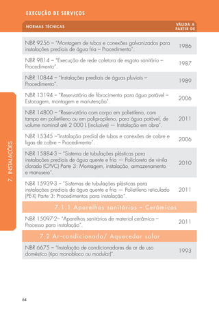 NORMAS TÉCNICAS VÁLIDA A 
PARTIR DE 
EXECUÇÃO DE SERVIÇOS 
NBR 9256 – “Montagem de tubos e conexões galvanizados para 
instalações prediais de água fria – Procedimento”. 1986 
NBR 9814 – “Execução de rede coletora de esgoto sanitário – 
Procedimento”. 1987 
NBR 10844 – “Instalações prediais de águas pluviais – 
Procedimento”. 1989 
NBR 13194 – “Reservatório de  brocimento para água potável – 
Estocagem, montagem e manutenção”. 2006 
NBR 14800 – “Reservatório com corpo em polietileno, com 
tampa em polietileno ou em polipropileno, para água potável, de 
volume nominal até 2 000 L (inclusive) — Instalação em obra“. 
64 
2011 
NBR 15345 –“Instalação predial de tubos e conexões de cobre e 
ligas de cobre – Procedimento”. 2006 
NBR 15884-3 – “Sistema de tubulações plásticas para 
instalações prediais de água quente e fria — Policloreto de vinila 
clorado (CPVC) Parte 3: Montagem, instalação, armazenamento 
2010 
e manuseio“. 
NBR 15939-3 – “Sistemas de tubulações plásticas para 
instalações prediais de água quente e fria — Polietileno reticulado 
(PE-X) Parte 3: Procedimentos para instalação“. 
2011 
7.1.1 Aparelhos sanitários – Cerâmicos 
NBR 15097-2– “Aparelhos sanitários de material cerâmico – 
Processo para instalação”. 2011 
7.2 Ar-condicionado/ Aquecedor solar 
NBR 6675 – “Instalação de condicionadores de ar de uso 
doméstico (tipo monobloco ou modular)”. 1993 
7. INSTALAÇÕES 
 
