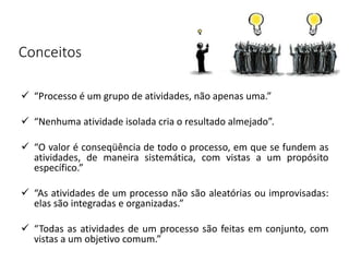 Conceitos
 “Processo é um grupo de atividades, não apenas uma.”
 “Nenhuma atividade isolada cria o resultado almejado”.
 “O valor é conseqüência de todo o processo, em que se fundem as
atividades, de maneira sistemática, com vistas a um propósito
específico.”
 “As atividades de um processo não são aleatórias ou improvisadas:
elas são integradas e organizadas.”
 “Todas as atividades de um processo são feitas em conjunto, com
vistas a um objetivo comum.”
 
