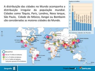 A distribuição das cidades no Mundo acompanha a
distribuição irregular da população mundial.
Cidades como Tóquio, Paris, Londres, Nova Iorque,
São Paulo, Cidade do México, Xangai ou Bombaim
são consideradas as maiores cidades do Mundo.
 