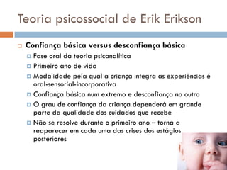 Teoria psicossocial de Erik Erikson
   Confiança básica versus desconfiança básica
     Fase oral da teoria psicanalítica
     Primeiro ano de vida
     Modalidade pela qual a criança integra as experiências é
      oral-sensorial-incorporativa
     Confiança básica num extremo e desconfiança no outro
     O grau de confiança da criança dependerá em grande
      parte da qualidade dos cuidados que recebe
     Não se resolve durante o primeiro ano – torna a
      reaparecer em cada uma das crises dos estágios
      posteriores
 