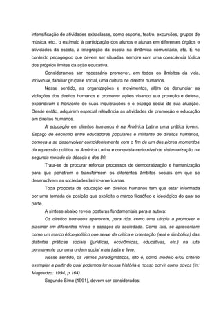 intensificação de atividades extraclasse, como esporte, teatro, excursões, grupos de
música, etc., o estímulo à participação dos alunos e alunas em diferentes órgãos e
atividades da escola, a integração da escola na dinâmica comunitária, etc. É no
contexto pedagógico que devem ser situadas, sempre com uma consciência lúdica
dos próprios limites da ação educativa.
         Consideramos ser necessário promover, em todos os âmbitos da vida,
individual, familiar grupal e social, uma cultura de direitos humanos.
         Nesse sentido, as organizações e movimentos, além de denunciar as
violações dos direitos humanos e promover ações visando sua proteção e defesa,
expandiram o horizonte de suas inquietações e o espaço social de sua atuação.
Desde então, adquirem especial relevância as atividades de promoção e educação
em direitos humanos.
         A educação em direitos humanos é na América Latina uma prática jovem.
Espaço de encontro entre educadores populares e militante de direitos humanos,
começa a se desenvolver coincidentemente com o fim de um dos piores momentos
da repressão política na América Latina e conquista certo nível de sistematização na
segunda metade da década e dos 80.
         Trata-se de procurar reforçar processos de democratização e humanização
para que penetrem e transformem os diferentes âmbitos sociais em que se
desenvolvem as sociedades latino-americanas.
         Toda proposta de educação em direitos humanos tem que estar informada
por uma tomada de posição que explicite o marco filosófico e ideológico do qual se
parte.
         A síntese abaixo revela posturas fundamentais para a autora:
         Os direitos humanos aparecem, para nós, como uma utopia a promover e
plasmar em diferentes níveis e espaços da sociedade. Como tais, se apresentam
como um marco ético-político que serve de crítica e orientação (real e simbólica) das
distintas práticas sociais (jurídicas, econômicas, educativas, etc.) na luta
permanente por uma ordem social mais justa e livre.
         Nesse sentido, os vemos paradigmáticos, isto é, como modelo e/ou critério
exemplar a partir do qual podemos ler nossa história e nosso porvir como povos (In:
Magendzo: 1994, p.164).
         Segundo Sime (1991), devem ser considerados:
 