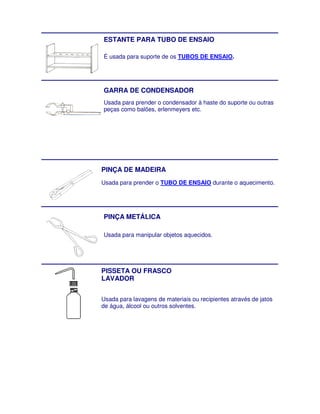 ESTANTE PARA TUBO DE ENSAIO

É usada para suporte de os TUBOS DE ENSAIO.




GARRA DE CONDENSADOR
Usada para prender o condensador à haste do suporte ou outras
peças como balões, erlenmeyers etc.




PINÇA DE MADEIRA
Usada para prender o TUBO DE ENSAIO durante o aquecimento.




PINÇA METÁLICA

Usada para manipular objetos aquecidos.




PISSETA OU FRASCO
LAVADOR


Usada para lavagens de materiais ou recipientes através de jatos
                         materiais
de água, álcool ou outros solventes.
 
