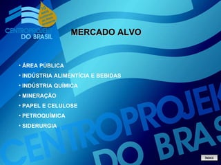 MERCADO ALVO ÁREA PÚBLICA INDÚSTRIA ALIMENTÍCIA E BEBIDAS INDÚSTRIA QUÍMICA MINERAÇÃO PAPEL E CELULOSE PETROQUÍMICA SIDERURGIA ÍNDICE 