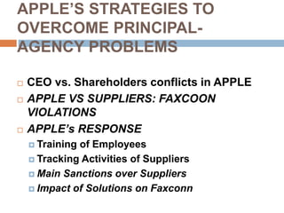APPLE’S STRATEGIES TO
OVERCOME PRINCIPAL-
AGENCY PROBLEMS
 CEO vs. Shareholders conflicts in APPLE
 APPLE VS SUPPLIERS: FAXCOON
VIOLATIONS
 APPLE’s RESPONSE
 Training of Employees
 Tracking Activities of Suppliers
 Main Sanctions over Suppliers
 Impact of Solutions on Faxconn
 