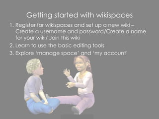 Getting started with wikispaces 1. Register for wikispaces and set up a new wiki – Create a username and password/Create a name for your wiki/ Join this wiki 2. Learn to use the basic editing tools 3. Explore ‘manage space’ and ‘my account’ 