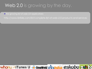 Web 2.0  is growing by the day. The growing list of web 2.0 applications http://www.listible.com/list/complete-list-of-web-2-0-products-and-services 