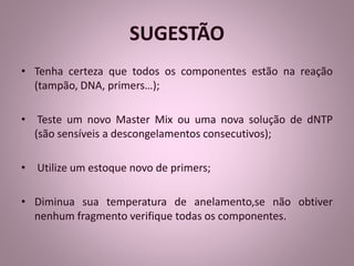 SUGESTÃO 
• Tenha certeza que todos os componentes estão na reação 
(tampão, DNA, primers…); 
• Teste um novo Master Mix ou uma nova solução de dNTP 
(são sensíveis a descongelamentos consecutivos); 
• Utilize um estoque novo de primers; 
• Diminua sua temperatura de anelamento,se não obtiver 
nenhum fragmento verifique todas os componentes. 
 