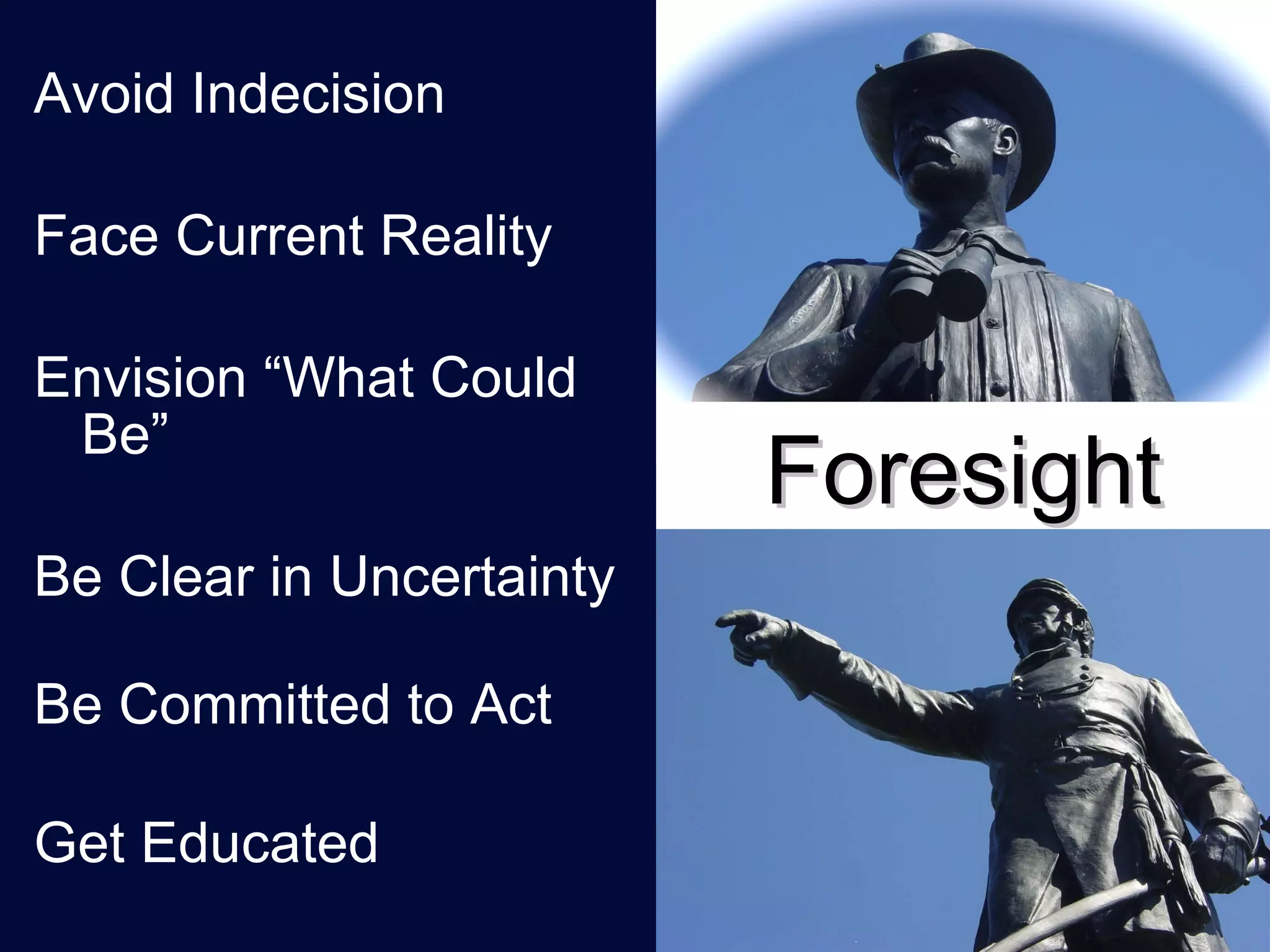 Avoid Indecision Face Current Reality Envision “What Could Be” Be Clear in Uncertainty Be Committed to Act Get Educated Foresight 