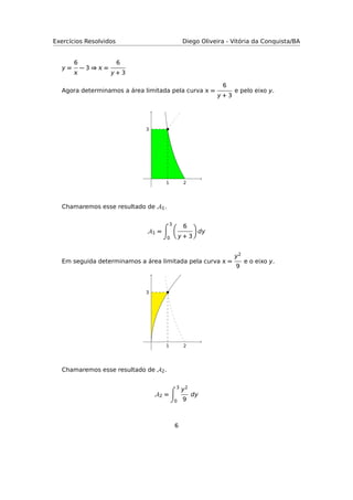 Exercícios Resolvidos Diego Oliveira - Vitória da Conquista/BA
y =
6

− 3 ⇒  =
6
y + 3
Agora determinamos a área limitada pela curva  =
6
y + 3
e pelo eixo y.
1
3
2
Chamaremos esse resultado de A1.
A1 =
3
0
6
y + 3
dy
Em seguida determinamos a área limitada pela curva  =
y2
9
e o eixo y.
1
3
2
Chamaremos esse resultado de A2.
A2 =
3
0
y2
9
dy
6
 