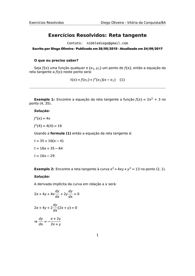 Exercícios Resolvidos: Equação da reta tangente | PDF