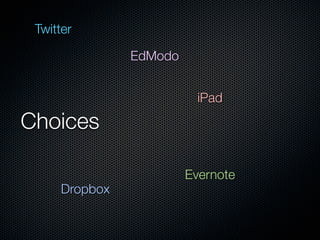 Twitter

               EdModo


                         iPad

Choices

                        Evernote
     Dropbox
 