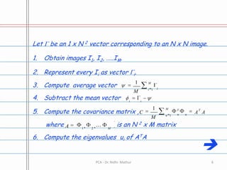 Let  be an 1 x N 2 vector corresponding to an N x N image.Obtain images I1, I2, …..IM.Represent every Ii as vector i.Compute  average vector Subtract the mean vectorCompute the covariance matrix ,        where                            is an N 2 x M matrixCompute the eigenvalues  ui of ATA6PCA - Dr. Nidhi  Mathur
