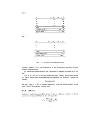 Set 1:
  H  E 1 QP H  E 1 QPR
0 -10 100
8 -2 4
12 2 4
20 10 100
Total 208
Divided by (n-1) 69.333
Square Root 8.3266
Set 2:
  4 H  4 E 1 QP H  4 E 1 QPR
8 -2 4
9 -1 1
11 1 1
12 2 4
Total 10
Divided by (n-1) 3.333
Square Root 1.8257
Table 2.1: Calculation of standard deviation
difference between each of the denominators. It also discusses the difference between
samples and populations.
So, for our two data sets above, the calculations of standard deviation are in Ta-
ble 2.1.
And so, as expected, the ﬁrst set has a much larger standard deviation due to the
fact that the data is much more spread out from the mean. Just as another example, the
data set:
£¦¥7¥7¥87¥87$
also has a mean of 10, but its standard deviation is 0, because all the numbers are the
same. None of them deviate from the mean.
2.1.2 Variance
Variance is another measure of the spread of data in a data set. In fact it is almost
identical to the standard deviation. The formula is this:
G R ¡ 34W5 'H   4 E 1 QPR
H0XE ¥P
4
 
