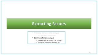 • Principal components analysis
• PCA with 8 / 2 components
• Common factor analysis
• Principal axis factoring (2-factor PAF)
• Maximum likelihood (2-factor ML)
21
 