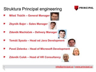 Struktura Principal engineering
Miloš Tkáčik – General Manager
Zbyněk Bajer – Sales Manager

Zdeněk Macháček – Delivery Manager
Tomáš Sysala – Head od Java Development

Pavel Zelenka – Head of Microsoft Development
Zdeněk Culek – Head of HR Consultancy

6

info@principal.cz | www.principal.cz

 