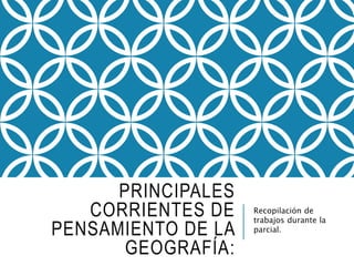 PRINCIPALES
CORRIENTES DE
PENSAMIENTO DE LA
GEOGRAFÍA:
Recopilación de
trabajos durante la
parcial.
 
