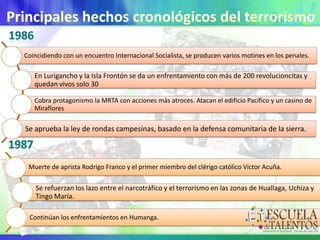Coincidiendo con un encuentro Internacional Socialista, se producen varios motines en los penales.

En Lurigancho y la Isla Frontón se da un enfrentamiento con más de 200 revolucioncitas y
quedan vivos solo 30
Cobra protagonismo la MRTA con acciones más atroces. Atacan el edificio Pacífico y un casino de
Miraflores

Se aprueba la ley de rondas campesinas, basado en la defensa comunitaria de la sierra.

Muerte de aprista Rodrigo Franco y el primer miembro del clérigo católico Víctor Acuña.

Se refuerzan los lazo entre el narcotráfico y el terrorismo en las zonas de Huallaga, Uchiza y
Tingo María.
Continúan los enfrentamientos en Humanga.

 