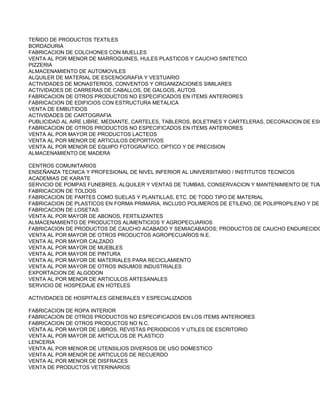 TEÑIDO DE PRODUCTOS TEXTILES
BORDADURIA
FABRICACION DE COLCHONES CON MUELLES
VENTA AL POR MENOR DE MARROQUINES, HULES PLASTICOS Y CAUCHO SINTETICO
PIZZERIA
ALMACENAMIENTO DE AUTOMOVILES
ALQUILER DE MATERIAL DE ESCENOGRAFIA Y VESTUARIO
ACTIVIDADES DE MONASTERIOS, CONVENTOS Y ORGANIZACIONES SIMILARES
ACTIVIDADES DE CARRERAS DE CABALLOS, DE GALGOS, AUTOS
FABRICACION DE OTROS PRODUCTOS NO ESPECIFICADOS EN ITEMS ANTERIORES
FABRICACION DE EDIFICIOS CON ESTRUCTURA METALICA
VENTA DE EMBUTIDOS
ACTIVIDADES DE CARTOGRAFIA
PUBLICIDAD AL AIRE LIBRE, MEDIANTE, CARTELES, TABLEROS, BOLETINES Y CARTELERAS, DECORACION DE ESC
FABRICACION DE OTROS PRODUCTOS NO ESPECIFICADOS EN ITEMS ANTERIORES
VENTA AL POR MAYOR DE PRODUCTOS LACTEOS
VENTA AL POR MENOR DE ARTICULOS DEPORTIVOS
VENTA AL POR MENOR DE EQUIPO FOTOGRAFICO, OPTICO Y DE PRECISION
ALMACENAMIENTO DE MADERA

CENTROS COMUNITARIOS
ENSEÑANZA TECNICA Y PROFESIONAL DE NIVEL INFERIOR AL UNIVERSITARIO / INSTITUTOS TECNICOS
ACADEMIAS DE KARATE
SERVICIO DE POMPAS FUNEBRES, ALQUILER Y VENTAS DE TUMBAS, CONSERVACION Y MANTENIMIENTO DE TUM
FABRICACION DE TOLDOS
FABRICACION DE PARTES COMO SUELAS Y PLANTILLAS, ETC. DE TODO TIPO DE MATERIAL
FABRICACION DE PLASTICOS EN FORMA PRIMARIA, INCLUSO POLIMEROS DE ETILENO, DE POLIPROPILENO Y DE
FABRICACION DE LOSETAS
VENTA AL POR MAYOR DE ABONOS, FERTILIZANTES
ALMACENAMIENTO DE PRODUCTOS ALIMENTICIOS Y AGROPECUARIOS
FABRICACION DE PRODUCTOS DE CAUCHO ACABADO Y SEMIACABADOS; PRODUCTOS DE CAUCHO ENDURECIDO
VENTA AL POR MAYOR DE OTROS PRODUCTOS AGROPECUARIOS N.E.
VENTA AL POR MAYOR CALZADO
VENTA AL POR MAYOR DE MUEBLES
VENTA AL POR MAYOR DE PINTURA
VENTA AL POR MAYOR DE MATERIALES PARA RECICLAMIENTO
VENTA AL POR MAYOR DE OTROS INSUMOS INDUSTRIALES
EXPORTACION DE ALGODON
VENTA AL POR MENOR DE ARTICULOS ARTESANALES
SERVICIO DE HOSPEDAJE EN HOTELES

ACTIVIDADES DE HOSPITALES GENERALES Y ESPECIALIZADOS

FABRICACION DE ROPA INTERIOR
FABRICACION DE OTROS PRODUCTOS NO ESPECIFICADOS EN LOS ITEMS ANTERIORES
FABRICACION DE OTROS PRODUCTOS NO N.C.
VENTA AL POR MAYOR DE LIBROS, REVISTAS PERIODICOS Y UTILES DE ESCRITORIO
VENTA AL POR MAYOR DE ARTICULOS DE PLASTICO
LENCERIA
VENTA AL POR MENOR DE UTENSILIOS DIVERSOS DE USO DOMESTICO
VENTA AL POR MENOR DE ARTICULOS DE RECUERDO
VENTA AL POR MENOR DE DISFRACES
VENTA DE PRODUCTOS VETERINARIOS
 