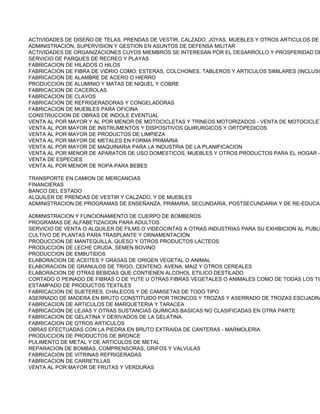 ACTIVIDADES DE DISEÑO DE TELAS, PRENDAS DE VESTIR, CALZADO, JOYAS, MUEBLES Y OTROS ARTICULOS DE
ADMINISTRACION, SUPERVISION Y GESTION EN ASUNTOS DE DEFENSA MILITAR
ACTIVIDADES DE ORGANIZACIONES CUYOS MIEMBROS SE INTERESAN POR EL DESARROLLO Y PROSPERIDAD DE
SERVICIO DE PARQUES DE RECREO Y PLAYAS
FABRICACION DE HILADOS O HILOS
FABRICACION DE FIBRA DE VIDRIO COMO: ESTERAS, COLCHONES, TABLEROS Y ARTICULOS SIMILARES (INCLUSO
FABRICACION DE ALAMBRE DE ACERO O HIERRO
PRODUCCION DE ALUMINIO Y MATAS DE NIQUEL Y COBRE
FABRICACION DE CACEROLAS
FABRICACION DE CLAVOS
FABRICACION DE REFRIGERADORAS Y CONGELADORAS
FABRICACION DE MUEBLES PARA OFICINA
CONSTRUCCION DE OBRAS DE INDOLE EVENTUAL
VENTA AL POR MAYOR Y AL POR MENOR DE MOTOCICLETAS Y TRINEOS MOTORIZADOS - VENTA DE MOTOCICLET
VENTA AL POR MAYOR DE INSTRUMENTOS Y DISPOSITIVOS QUIRURGICOS Y ORTOPEDICOS
VENTA AL POR MAYOR DE PRODUCTOS DE LIMPIEZA
VENTA AL POR MAYOR DE METALES EN FORMA PRIMARIA
VENTA AL POR MAYOR DE MAQUINARIA PARA LA INDUSTRIA DE LA PLANIFICACION
VENTA AL POR MENOR DE APARATOS DE USO DOMESTICOS, MUEBLES Y OTROS PRODUCTOS PARA EL HOGAR -
VENTA DE ESPECIES
VENTA AL POR MENOR DE ROPA PARA BEBES

TRANSPORTE EN CAMION DE MERCANCIAS
FINANCIERAS
BANCO DEL ESTADO
ALQUILER DE PRENDAS DE VESTIR Y CALZADO, Y DE MUEBLES
ADMINISTRACION DE PROGRAMAS DE ENSEÑANZA, PRIMARIA, SECUNDARIA, POSTSECUNDARIA Y DE RE-EDUCAC

ADMINISTRACION Y FUNCIONAMIENTO DE CUERPO DE BOMBEROS
PROGRAMAS DE ALFABETIZACION PARA ADULTOS.
SERVICIO DE VENTA O ALQUILER DE FILMS O VIDEOCINTAS A OTRAS INDUSTRIAS PARA SU EXHIBICION AL PUBLI
CULTIVO DE PLANTAS PARA TRASPLANTE Y ORNAMENTACION
PRODUCCION DE MANTEQUILLA, QUESO Y OTROS PRODUCTOS LACTEOS
PRODUCCION DE LECHE CRUDA, SEMEN BOVINO
PRODUCCION DE EMBUTIDOS
ELABORACION DE ACEITES Y GRASAS DE ORIGEN VEGETAL O ANIMAL
ELABORACION DE GRANULOS DE TRIGO, CENTENO, AVENA, MAIZ Y OTROS CEREALES
ELABORACION DE OTRAS BEBIDAS QUE CONTIENEN ALCOHOL ETILICO DESTILADO
CORTADO O PEINADO DE FIBRAS O DE YUTE U OTRAS FIBRAS VEGETALES O ANIMALES COMO DE TODAS LOS TIP
ESTAMPADO DE PRODUCTOS TEXTILES
FABRICACION DE SUETERES, CHALECOS Y DE CAMISETAS DE TODO TIPO
ASERRADO DE MADERA EN BRUTO CONSTITUIDO POR TRONCOS Y TROZAS Y ASERRADO DE TROZAS ESCUADRA
FABRICACION DE ARTICULOS DE MARQUETERIA Y TARACEA
FABRICACION DE LEJIAS Y OTRAS SUSTANCIAS QUIMICAS BASICAS NO CLASIFICADAS EN OTRA PARTE
FABRICACION DE GELATINA Y DERIVADOS DE LA GELATINA
FABRICACION DE OTROS ARTICULOS
OBRAS EFECTUADAS CON LA PIEDRA EN BRUTO EXTRAIDA DE CANTERAS - MARMOLERIA
PRODUCCION DE PRODUCTOS DE BRONCE
PULIMENTO DE METAL Y DE ARTICULOS DE METAL
REPARACION DE BOMBAS, COMPRENSORAS, GRIFOS Y VALVULAS
FABRICACION DE VITRINAS REFRIGERADAS
FABRICACION DE CARRETILLAS
VENTA AL POR MAYOR DE FRUTAS Y VERDURAS
 