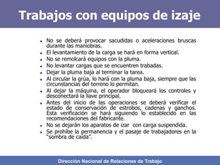 Dirección Nacional de Relaciones de Trabajo
Trabajos con equipos de izaje
 No se deberá provocar sacudidas o aceleraciones bruscas
durante las maniobras.
 El levantamiento de la carga se hará en forma vertical.
 No se remolcará equipos con la pluma.
 No levantar cargas que se encuentren trabadas.
 Dejar la pluma baja al terminar la tarea.
 Al circular la grúa, lo hará con la pluma baja, siempre que las
circunstancias del terreno lo permitan.
 Al dejar la máquina, el operador bloqueará los controles y
desconectará la llave principal.
 Antes del inicio de las operaciones se deberá verificar el
estado de conservación de estrobos, cadenas y ganchos.
Esta verificación se hará siguiendo lo establecido en las
recomendaciones del fabricante.
 No se dejarán los aparatos de izar con carga suspendida.
 Se prohíbe la permanencia y el pasaje de trabajadores en la
“sombra de caída”.
 