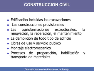 Dirección Nacional de Relaciones de Trabajo
CONSTRUCCION CIVIL
 Edificación incluidas las excavaciones
 Las construcciones provisionales
 Las transformaciones extructurales, la
renovación, la reparación, el mantenimiento
 La demolición de todo tipo de edificio
 Obras de uso y servicio publico
 Montaje electromecanico
 Procesos de preparación, habilitación y
transporte de materiales
 