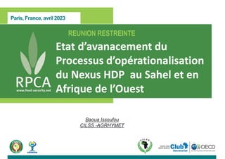 Paris, France, avril 2023
REUNION RESTREINTE
Etat d’avanacement du
Processus d’opérationalisation
du Nexus HDP au Sahel et en
Afrique de l’Ouest
Baoua Issoufou
CILSS -AGRHYMET
 