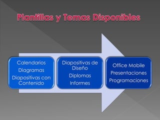 Calendarios 
Diagramas 
Diapositivas con 
Contenido 
Diapositivas de 
Diseño 
Diplomas 
Informes 
Office Mobile 
Presentaciones 
Programaciones 
 