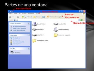 Partes de una ventana
Barra deTítulo
Barra de Menús
Barra de
Herramientas
Barra de Direcciones
 