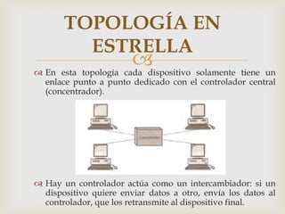 TOPOLOGÍA EN
         ESTRELLA
                      
 En esta topología cada dispositivo solamente tiene un
  enlace punto a punto dedicado con el controlador central
  (concentrador).




 Hay un controlador actúa como un intercambiador: si un
  dispositivo quiere enviar datos a otro, envía los datos al
  controlador, que los retransmite al dispositivo final.
 