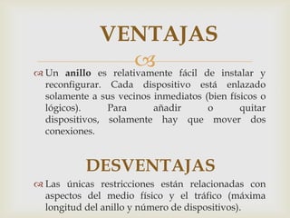 VENTAJAS
 Un anillo
                        fácil de instalar
              es relativamente                     y
  reconfigurar. Cada dispositivo está enlazado
  solamente a sus vecinos inmediatos (bien físicos o
  lógicos).     Para      añadir      o       quitar
  dispositivos, solamente hay que mover dos
  conexiones.


           DESVENTAJAS
 Las únicas restricciones están relacionadas con
  aspectos del medio físico y el tráfico (máxima
  longitud del anillo y número de dispositivos).
 