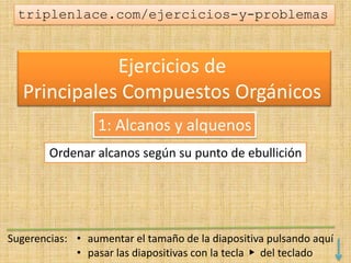 Ejercicios de
Principales Compuestos Orgánicos
triplenlace.com/ejercicios-y-problemas
Ordenar alcanos según su punto de ebullición
1: Alcanos y alquenos
 