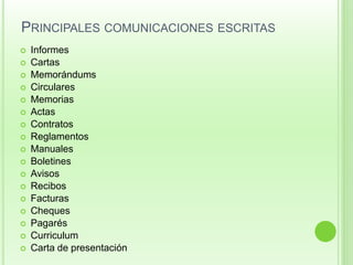PRINCIPALES COMUNICACIONES ESCRITAS 
 Informes 
 Cartas 
 Memorándums 
 Circulares 
 Memorias 
 Actas 
 Contratos 
 Reglamentos 
 Manuales 
 Boletines 
 Avisos 
 Recibos 
 Facturas 
 Cheques 
 Pagarés 
 Curriculum 
 Carta de presentación 
 