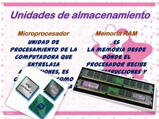 Unidades de almacenamiento
  Microprocesador        Memoria RAM
     Unidad de                 Es
procesamiento de la   la memoria desde
 computadora que           donde el
     entrelaza        procesador recibe
  aplicaciones, es    las instrucciones y
 considerado como         guarda los
 el cerebro de una        resultados.
   computadora
 