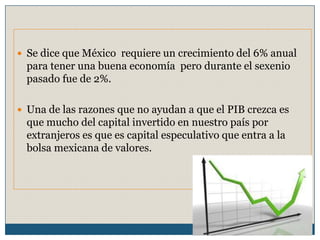  Se dice que México requiere un crecimiento del 6% anual
para tener una buena economía pero durante el sexenio
pasado fue de 2%.
 Una de las razones que no ayudan a que el PIB crezca es
que mucho del capital invertido en nuestro país por
extranjeros es que es capital especulativo que entra a la
bolsa mexicana de valores.
 
