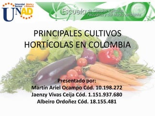 PRINCIPALES CULTIVOS
HORTÍCOLAS EN COLOMBIA
Presentado por:
Martín Ariel Ocampo Cód. 10.198.272
Jaenzy Vivas Ceija Cód. 1.151.937.680
Albeiro Ordoñez Cód. 18.155.481
 