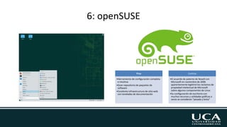 6: openSUSE
Pros
•Herramienta de configuración completa
e intuitiva
•Gran repositorio de paquetes de
software
•Excelente infraestructura de sitio web
con toneladas de documentación
Contras
•El acuerdo de patente de Novell con
Microsoft en noviembre de 2006
aparentemente legitimó los reclamos de
propiedad intelectual de Microsoft
sobre algunos componentes de Linux
•Su configuración de escritorio con
muchos recursos y utilidades gráficas a
veces se consideran “pesada y lenta"
 