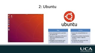 2: Ubuntu
Pros
• Ciclo de lanzamiento y período
de soporte fijo
• Soporte a largo plazo (LTS) con 5
años de actualizaciones de
seguridad
• Amigable al principiante; gran
cantidad de documentación
Contras
• Carece de compatibilidad con
Debian
• Frecuentes cambios importantes
tienden a alejar a algunos
usuarios
• La interfaz de usuario de Unity
ha sido muy criticada
 