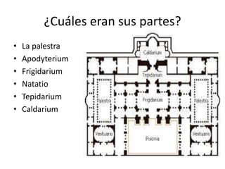 ¿Cuáles eran sus partes?
• La palestra
• Apodyterium
• Frigidarium
• Natatio
• Tepidarium
• Caldarium
 