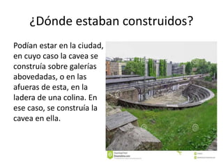 ¿Dónde estaban construidos?
Podían estar en la ciudad,
en cuyo caso la cavea se
construía sobre galerías
abovedadas, o en las
afueras de esta, en la
ladera de una colina. En
ese caso, se construía la
cavea en ella.
 