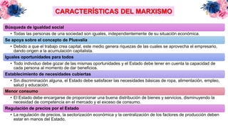 CARACTERÍSTICAS DEL MARXISMO
Búsqueda de igualdad social
• Todas las personas de una sociedad son iguales, independientemente de su situación económica.
Se apoya sobre el concepto de Plusvalía
• Debido a que el trabajo crea capital, este medio genera riquezas de las cuales se aprovecha el empresario,
dando origen a la acumulación capitalista.
Iguales oportunidades para todos
• Todo individuo debe gozar de las mismas oportunidades y el Estado debe tener en cuenta la capacidad de
cada persona al momento de dar beneficios.
Establecimiento de necesidades cubiertas
• Sin discriminación alguna, el Estado debe satisfacer las necesidades básicas de ropa, alimentación, empleo,
salud y educación.
Menor consumo
• El Estado debe encargarse de proporcionar una buena distribución de bienes y servicios, disminuyendo la
necesidad de competencia en el mercado y el exceso de consumo.
Regulación de precios por el Estado
• La regulación de precios, la sectorización económica y la centralización de los factores de producción deben
estar en manos del Estado.
 