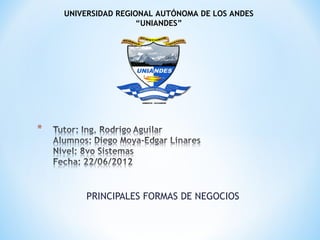 UNIVERSIDAD REGIONAL AUTÓNOMA DE LOS ANDES
                 “UNIANDES”




    PRINCIPALES FORMAS DE NEGOCIOS
 