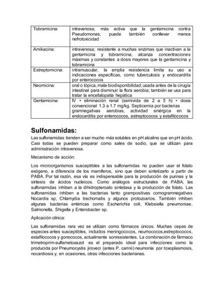 Tobramicina: intravenosa; más activa que la gentamicina contra
Pseudomonas; puede también conllevar menos
nefrotoxicidad
Amikacina: intravenosa; resistente a muchas enzimas que inactivan a la
gentamicina y tobramicina; alcanza concentraciones
máximas y constantes a dosis mayores que la gentamicina y
tobramicina
Estreptomicina: intramuscular, la amplia resistencia limita su uso a
indicaciones específicas, como tuberculosis y endocarditis
por enterococos
Neomicina: oral o tópica, mala biodisponibilidad; usada antes de la cirugía
intestinal para disminuir la flora aerobia; también se usa para
tratar la encefalopatía hepática
Gentamicina: IV • eliminación renal (semivida de 2 a 5 h) • dosis
convencional 1.3 a 1.7 mg/kg. Septicemia por bacterias
gramnegativas aerobias, actividad sinérgica en la
endocarditis por enterococos, estreptococos y estafilococos
Sulfonamidas:
Las sulfonamidas tienden a ser mucho más solubles en pH alcalino que en pH ácido.
Casi todas se pueden preparar como sales de sodio, que se utilizan para
administración intravenosa.
Mecanismo de acción:
Los microorganismos susceptibles a las sulfonamidas no pueden usar el folato
exógeno, a diferencia de los mamíferos, sino que deben sintetizarlo a partir de
PABA. Por tal razón, esa vía es indispensable para la producción de purinas y la
síntesis de ácidos nucleicos. Como análogos estructurales de PABA, las
sulfonamidas inhiben a la dihidropteroato sintetasa y la producción de folato. Las
sulfonamidas inhiben a las bacterias tanto grampositivas comogramnegativas
Nocardia sp, Chlamydia trachomatis y algunos protozoarios. También inhiben
algunas bacterias entéricas como Escherichia coli, Klebsiella pneumoniae,
Salmonella, Shigella y Enterobacter sp.
Aplicación clínica:
Las sulfonamidas rara vez se utilizan como fármacos únicos. Muchas cepas de
especies antes susceptibles, incluidos meningococos, neumococos,estreptococos,
estafilococos y gonococos, actualmente sonresistentes. La combinación de fármaco
trimetroprim-sulfametoxazol es el preparado ideal para infecciones como la
producida por Pneumocystis jiroveci (antes P. carinii) neumonía por toxoplasmosis,
nocardiosis y, en ocasiones, otras infecciones bacterianas.
 
